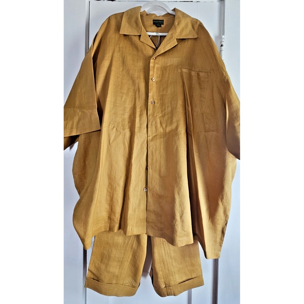 Giorgio Inserti 100% linen walking suit  button down shirt +pants yellow 6XL men